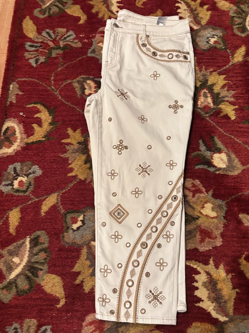 Chico's White Straight Leg Ankle Jeans with Gold-Tone Button
